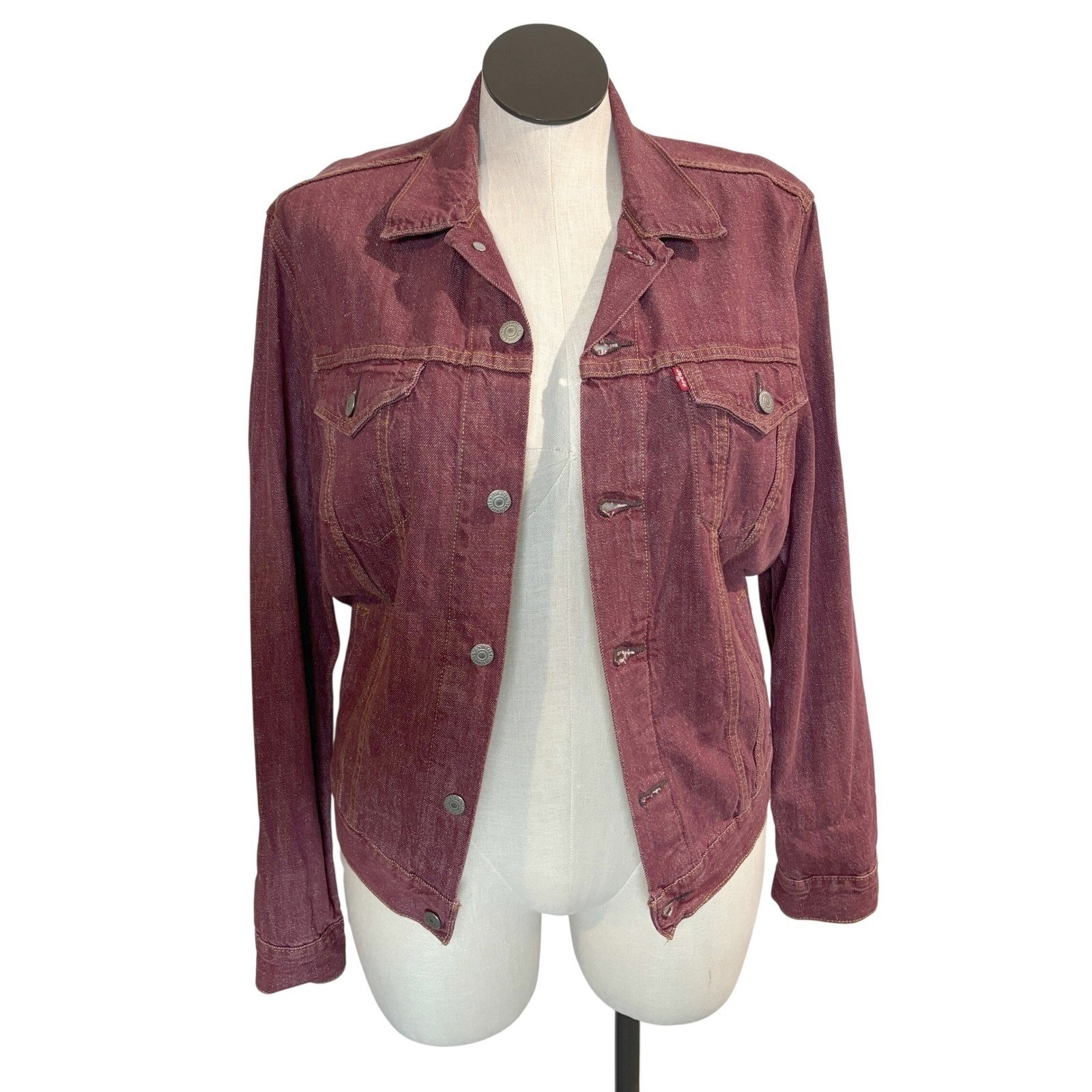 Levi Strauss & Co Burgundy Denim Trucker Jacket Women's Size M Made In Mexico